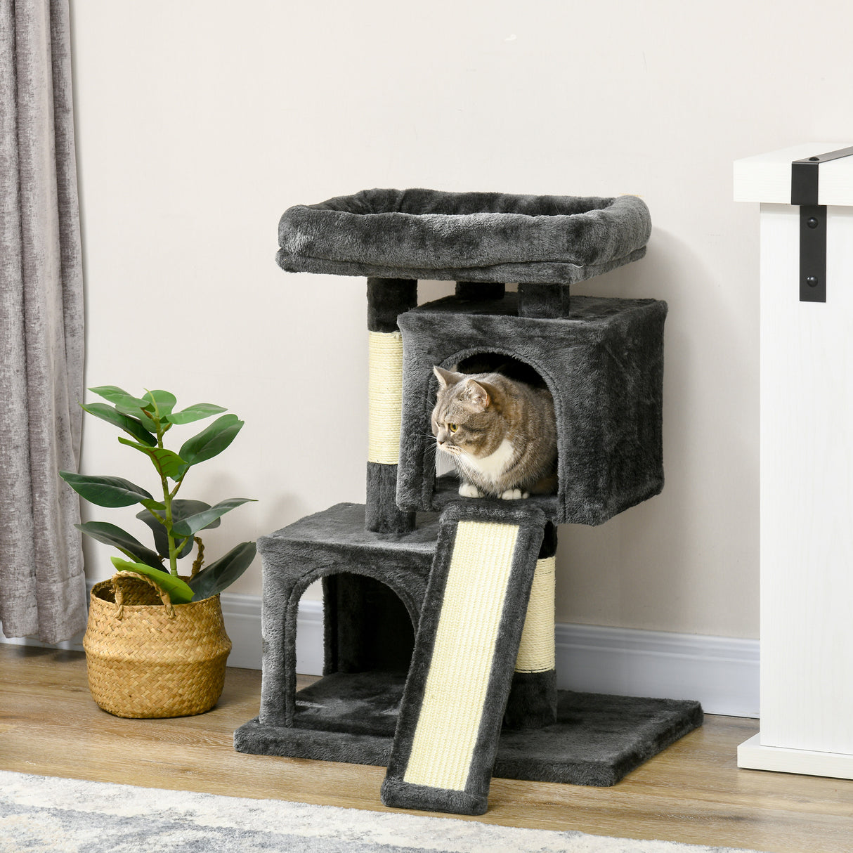 easycomfort albero tiragraffi per gatti con pali in sisal lettino e 2 casette 59x39x83cm grigio scuro