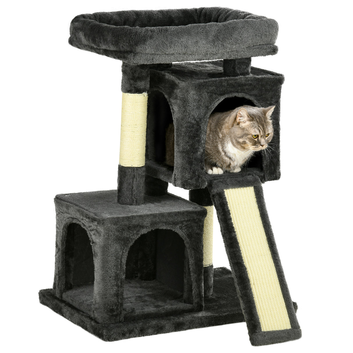 easycomfort albero tiragraffi per gatti con pali in sisal lettino e 2 casette 59x39x83cm grigio scuro