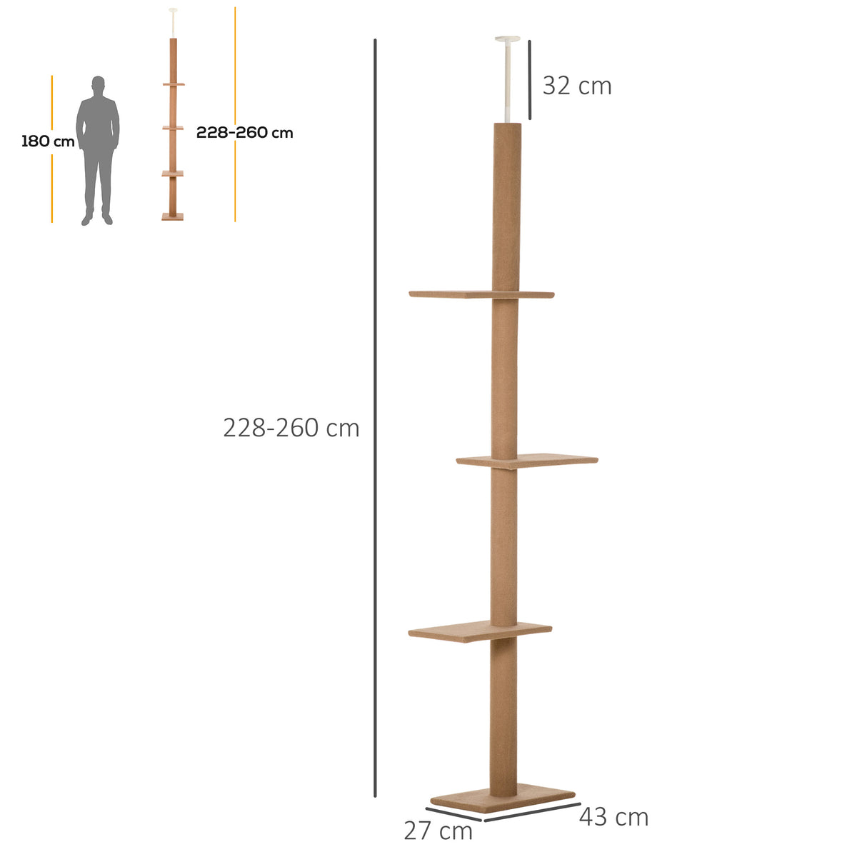 easycomfort albero tiragraffi per gatti a 4 livelli fissaggio a soffitto regolabile 43x27x228 260cm