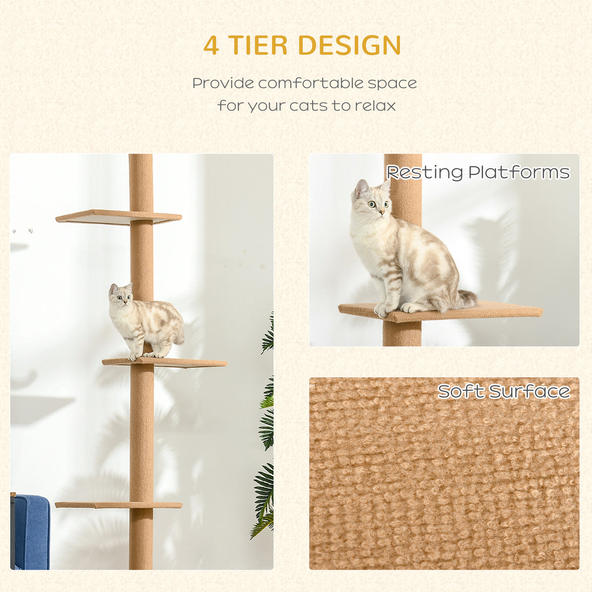 easycomfort albero tiragraffi per gatti a 4 livelli fissaggio a soffitto regolabile 43x27x228 260cm