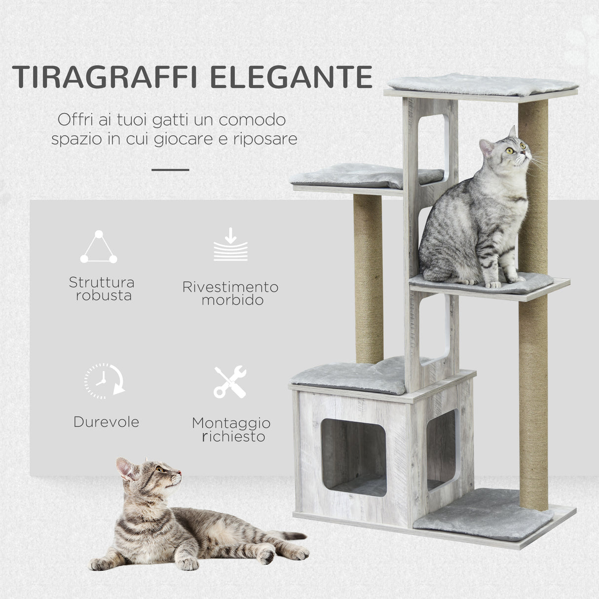 easycomfort easycomfort albero tiragraffi per gatti multi livello cuccia e corde in iuta grigio