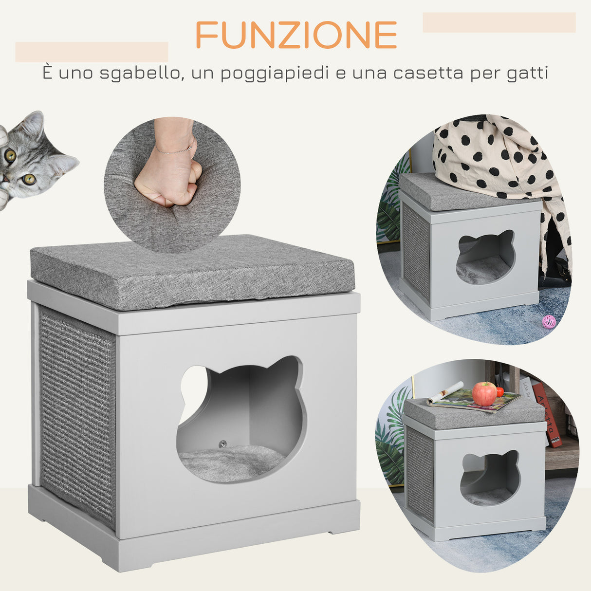easycomfort easycomfort cuccia per gatti in legno con 2 cuscini e tiragraffi rimovibili grigio