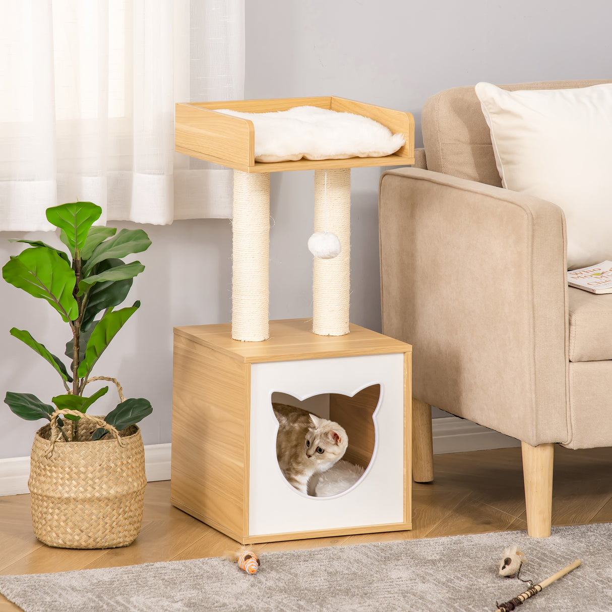 easycomfort easycomfort casetta per gatti con pali tiragraffi in sisal cuscini lavabili e pallina 35x35x81cm quercia