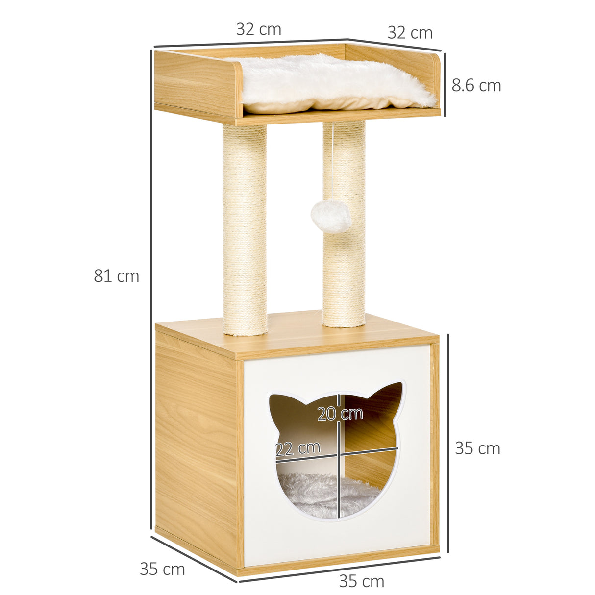 easycomfort easycomfort casetta per gatti con pali tiragraffi in sisal cuscini lavabili e pallina 35x35x81cm quercia