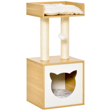 easycomfort easycomfort casetta per gatti con pali tiragraffi in sisal cuscini lavabili e pallina 35x35x81cm quercia