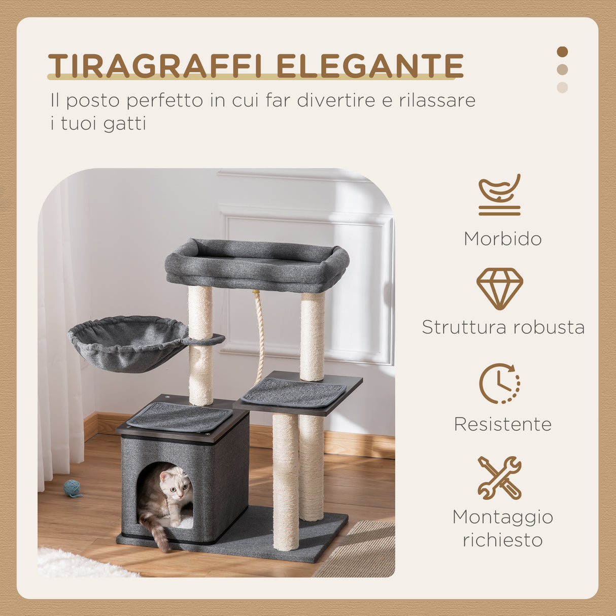 easycomfort easycomfort albero tiragraffi per gatti con lettino amaca casetta e pali in sisal 60x40x83cm grigio