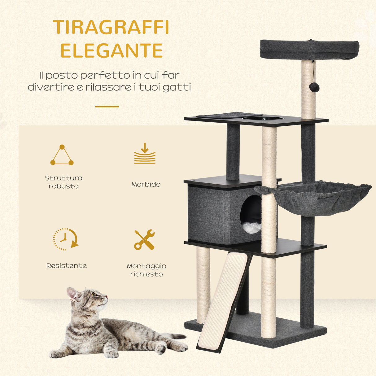 easycomfort easycomfort tiragraffi per gatti multilivello pali in sisal casetta lettino e cuscini 60x40x146cm