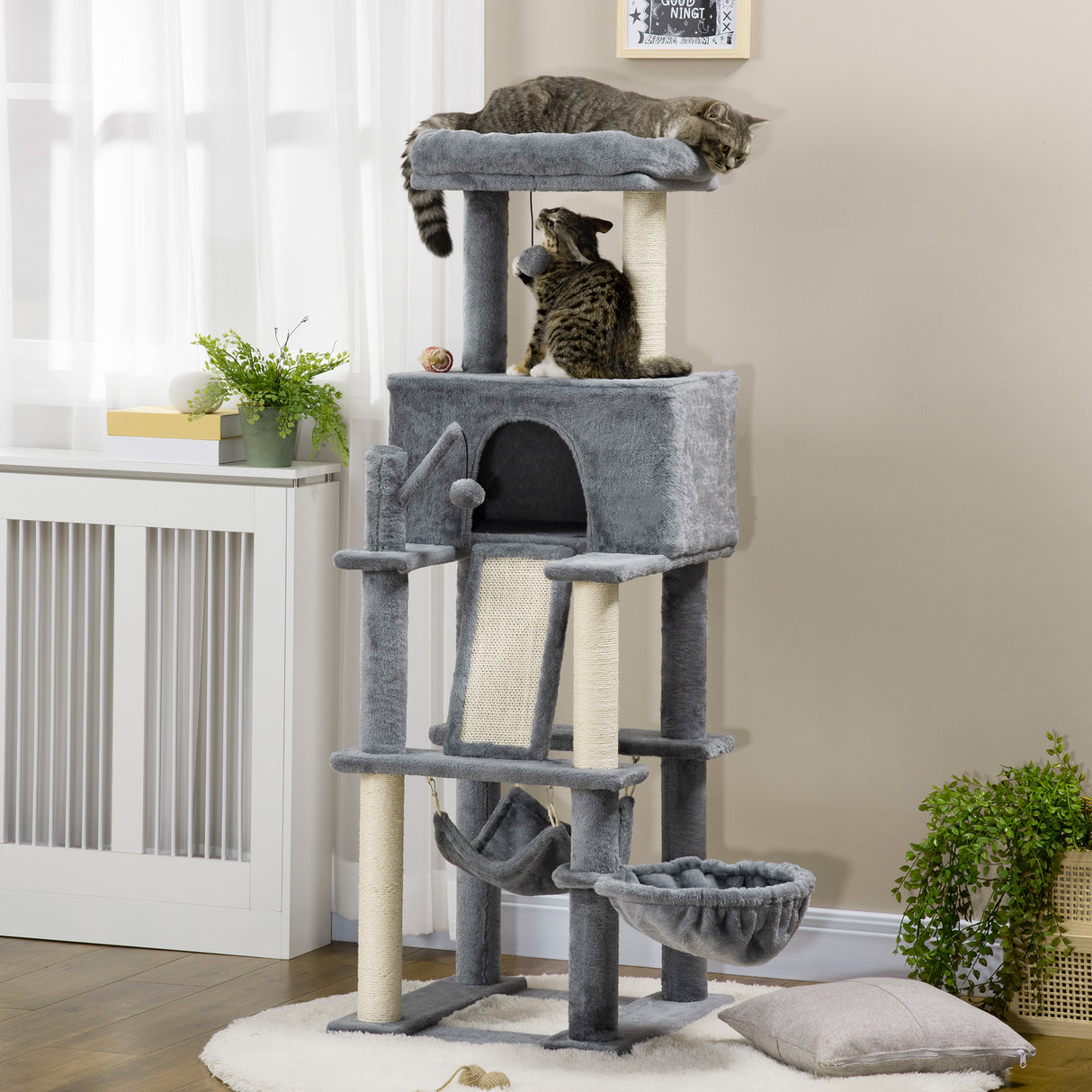 easycomfort albero tiragraffi per gatti con pali in sisal casetta lettino e amache 48x48x140cm grigio