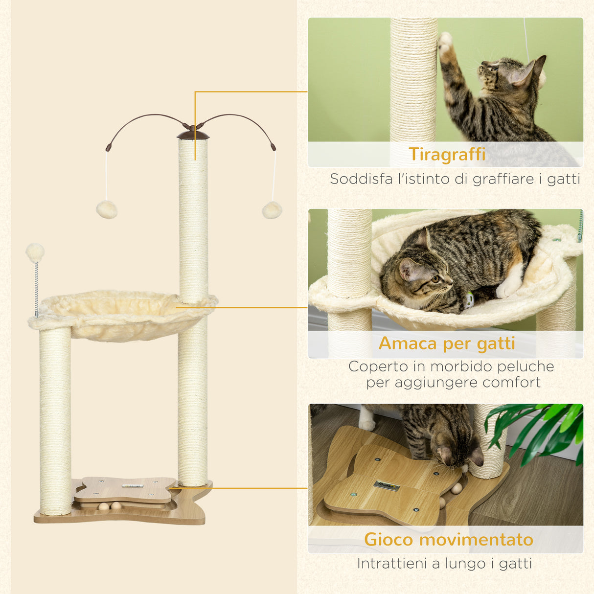easycomfort albero tiragraffi per gatti max 5kg con amaca palline da gioco e pali in sisal 53.5x53.5x90 cm beige
