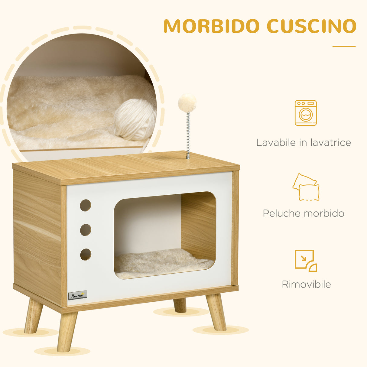 easycomfort casetta per gatti in truciolato a forma di televisore con cuscino e pallina giocattolo 50x28x43 cm