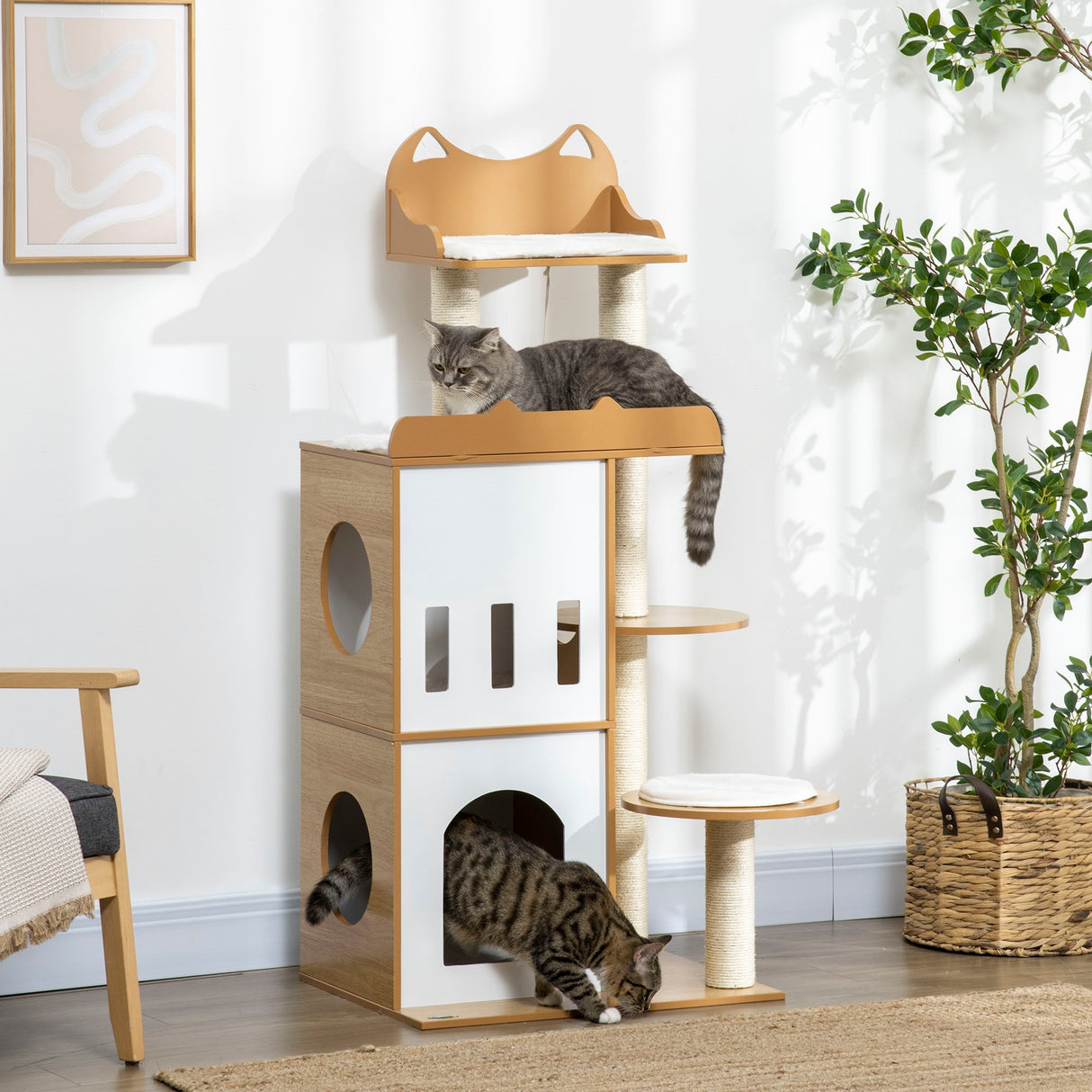 easycomfort albero per gatti in mdf con tiragraffi per gatti 2 casette per gatti posatoi e pallina da gioco 60x48x133 cm