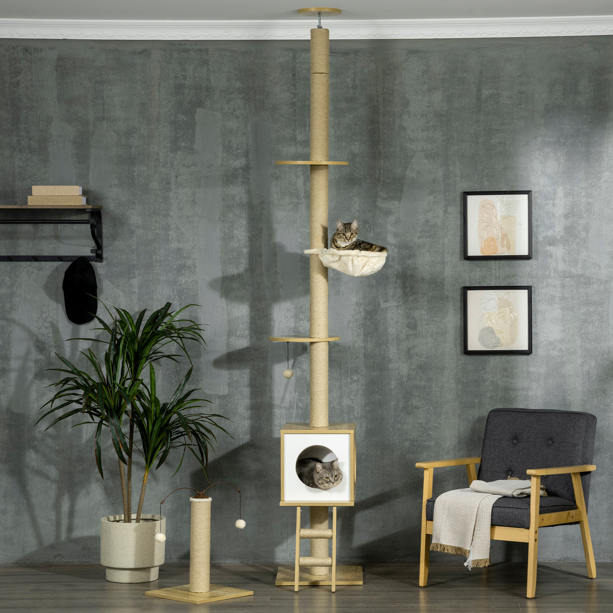 easycomfort albero per gatti in truciolato ad altezza regolabile con tiragraffi casetta amaca e pallina 40x40x225 285 cm