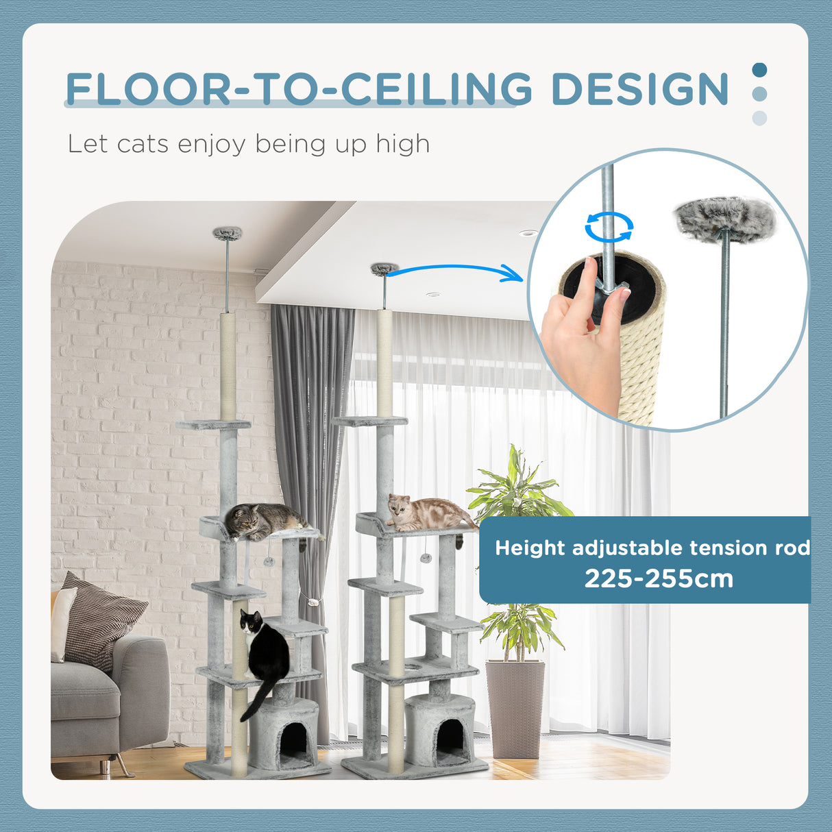 easycomfort easycomfort albero tiragraffi per gatti a soffitto con piattaforme e casetta 60x40x225 255cm grigio
