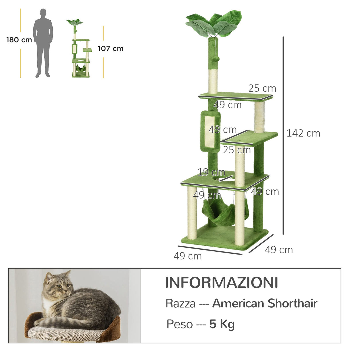 easycomfort easycomfort albero tiragraffi per gatti con amaca pallina e tiragraffi in sisal 49x49x142cm verde