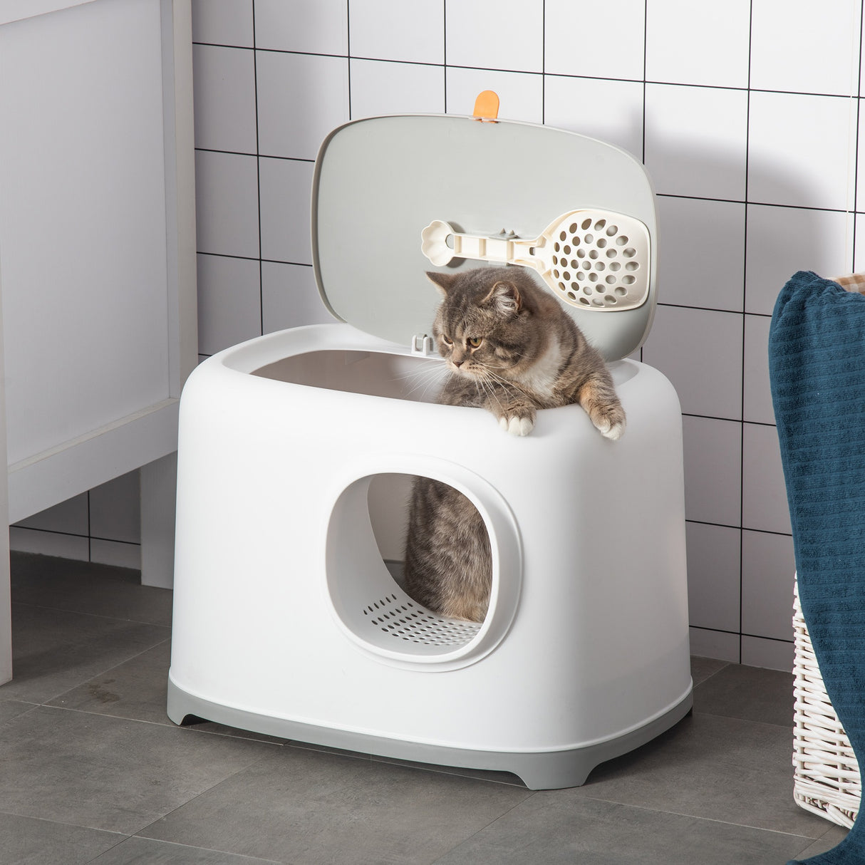 easycomfort lettiera per gatti apribile in pp con paletta e coperchio inclusi 55x40x39cm bianca e grigia