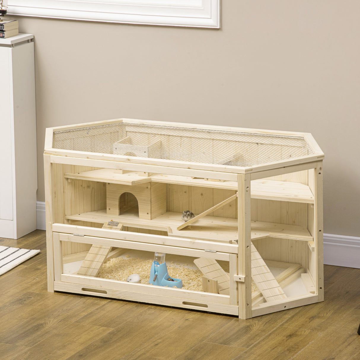 easycomfort casetta per criceti in legno a 3 livelli casa per criceti e piccoli roditori con tetto apribile e parete trasparente 115x60x55cm