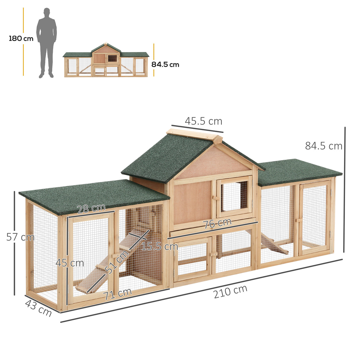 easycomfort easycomfort conigliera da giardino con corsa e rampe tetto impermeabile legno 210x45.5x84.5cm