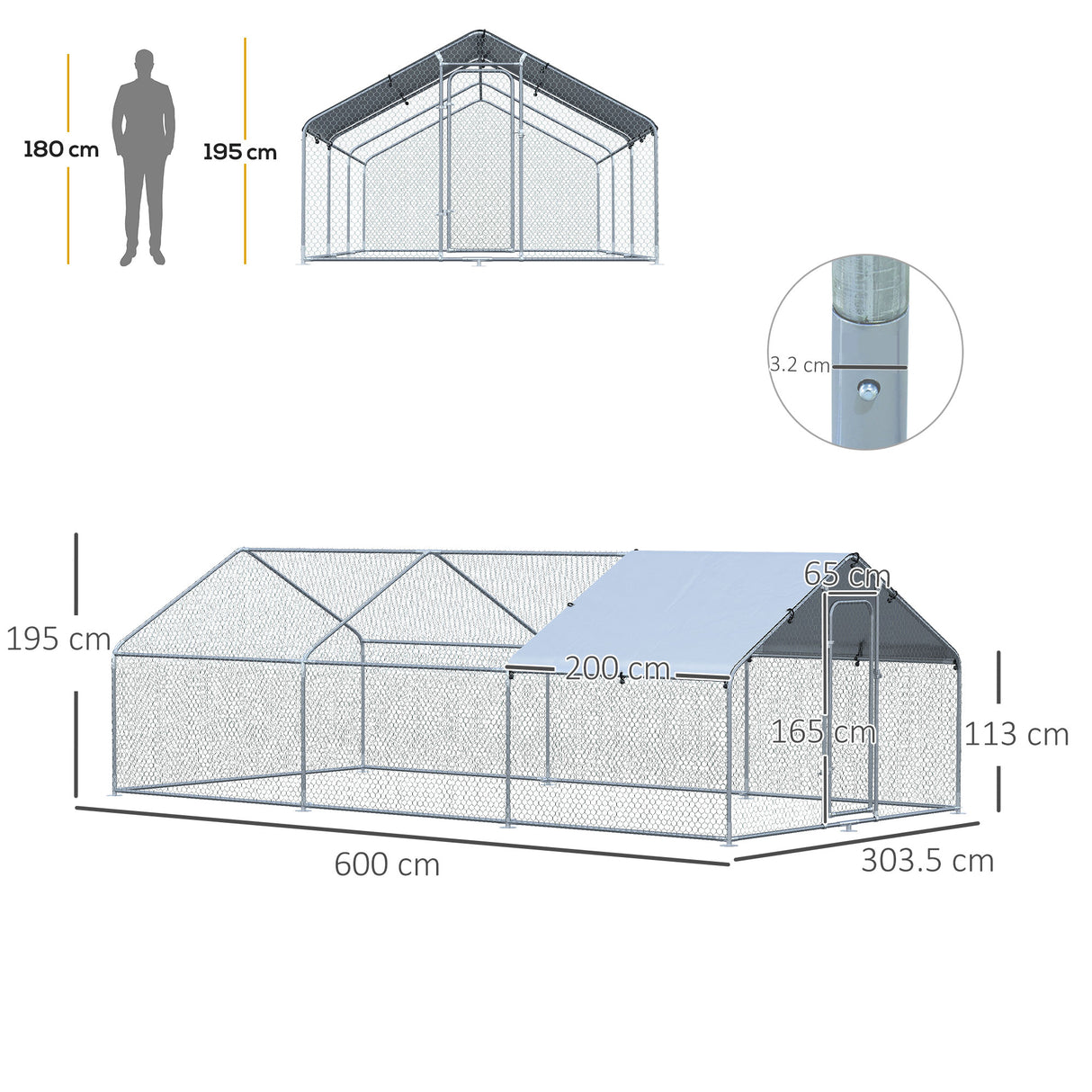 easycomfort easycomfort pollaio per galline da esterno in metallo con copertura in tessuto oxford 600x303 5x195 cm argento