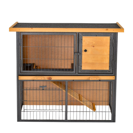 easycomfort gabbia per conigli con rampa e area aperta conigliera in legno e metallo su 2 livelli giallo chiaro 89.5x45x81cm