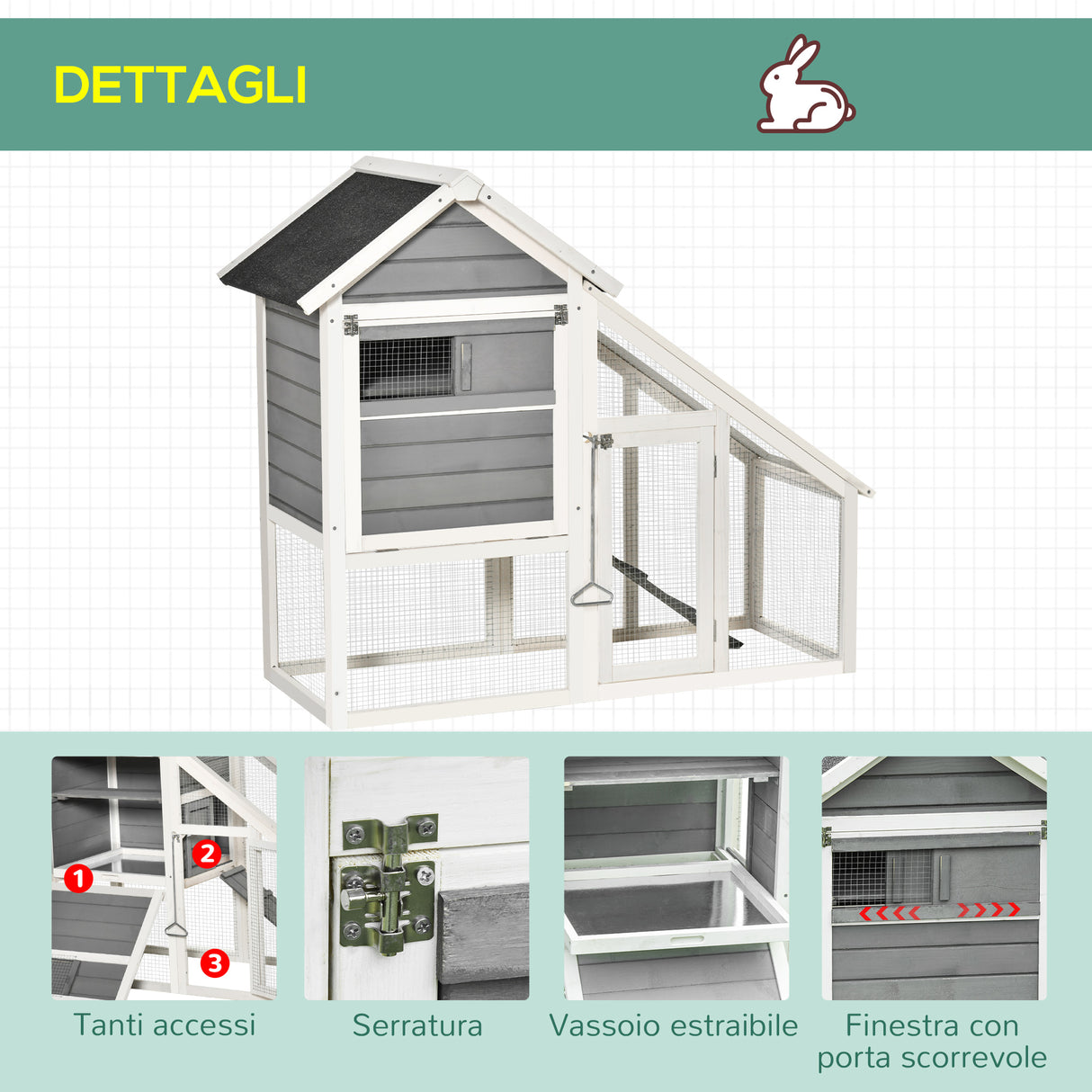 easycomfort easycomfort conigliera in legno con area aperta e rampa casetta per conigli con fondo estraibile e porte 140x65x120cm grigio