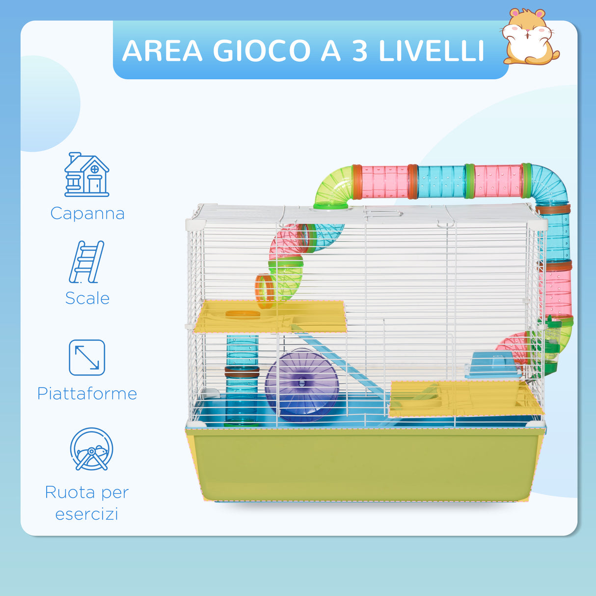 easycomfort gabbia per criceti a 3 livelli con tubi casetta serbatoio dell acqua e ruota 59x36x47cm