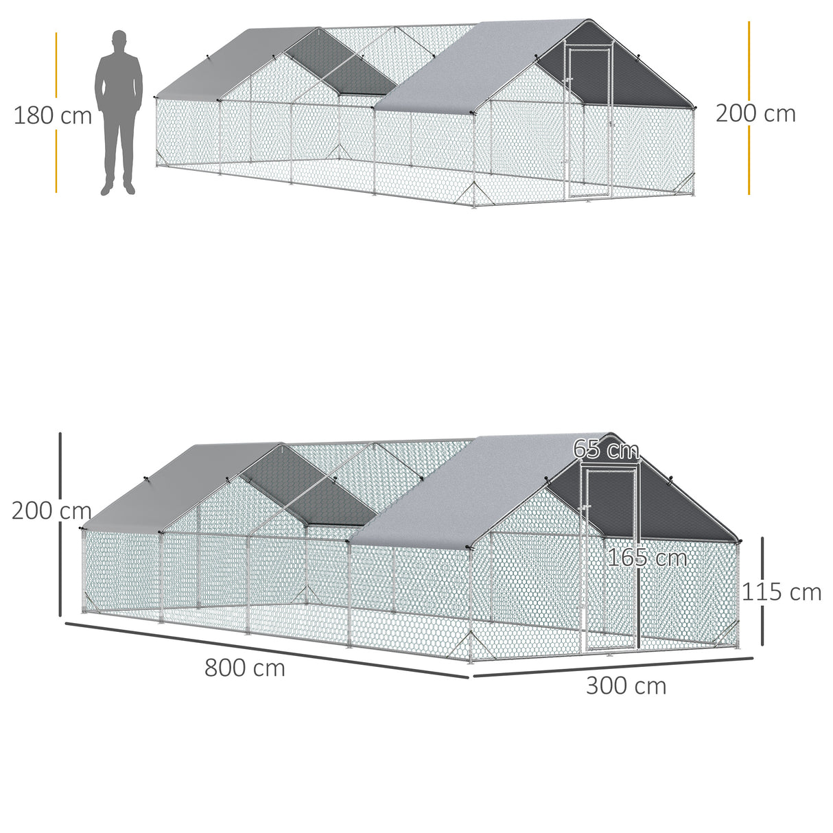 easycomfort pollaio da giardino con telaio zincato copertura impermeabile e rete esagonale 3x8x2m argento