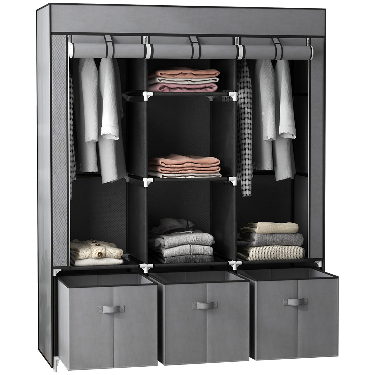 easycomfort easycomfort armadio in tessuto pieghevole con cassetti e ante avvolgibili con zip 125x43x162 5cm grigio scuro