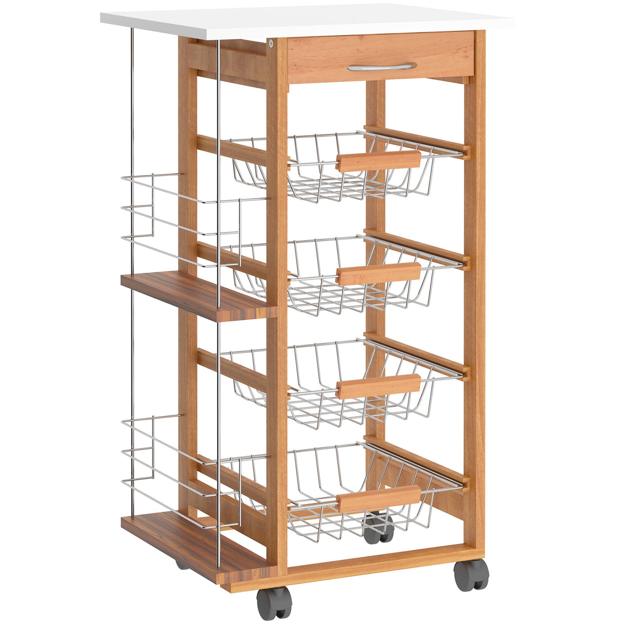 easycomfort easycomfort carrello da cucina in legno marrone con 1 cassetto e 4 cestelli metallici