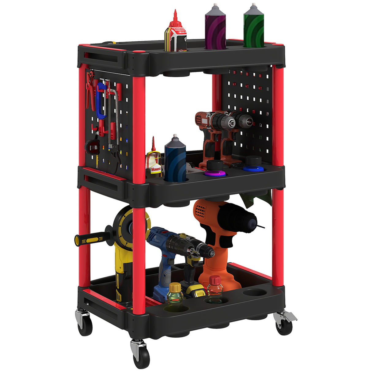 easycomfort easycomfort carrello porta attrezzi a 3 livelli in plastica con pannello forato laterale nero e rosso