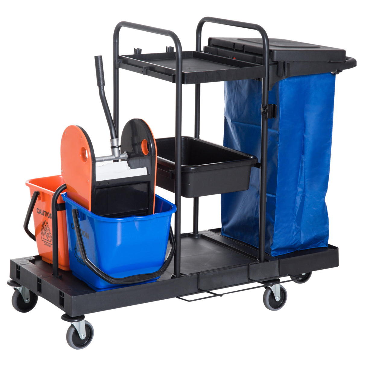 easycomfort easycomfort carrello pulizie professionale a 3 ripiani con sacco per immondizia ganci per scopa secchio lavapavimenti con strizzatore per mocio e 5 ruote per hotel e albergo 111x63 3x103 cm nero ean 8055776915616