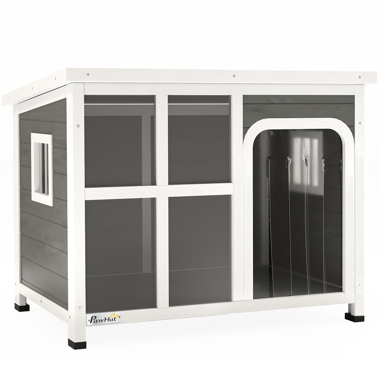 easycomfort easycomfort casetta per cani con finestrelle e ingresso a tenda in legno di abete 90x62x71 cm grigio chiaro