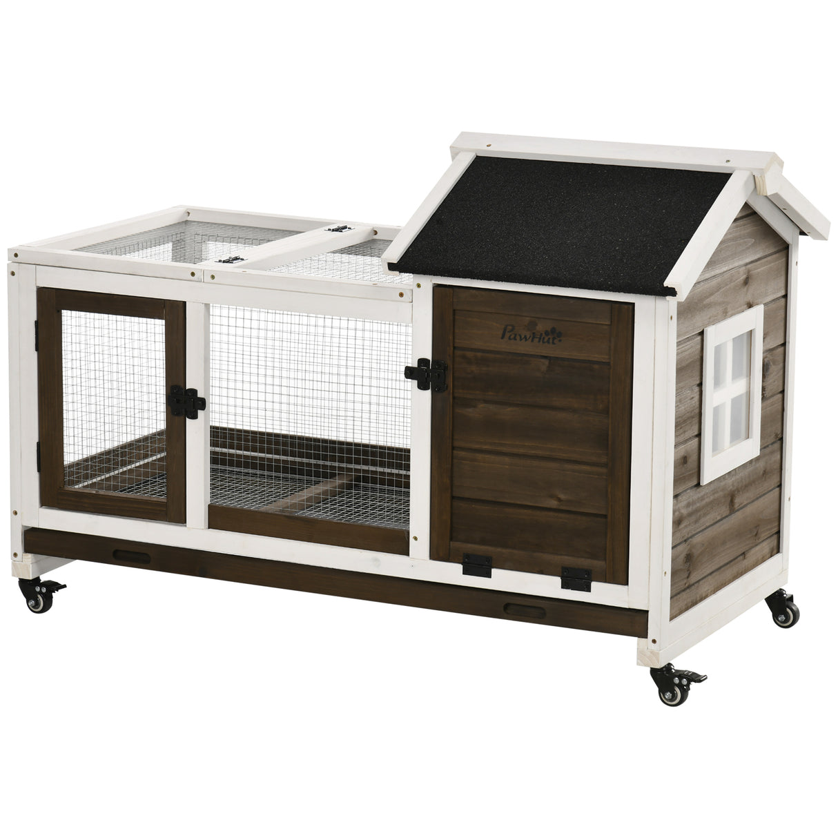 easycomfort easycomfort conigliera in legno da interno ed esterno con ruote casetta tetto apribile e vassoio marrone