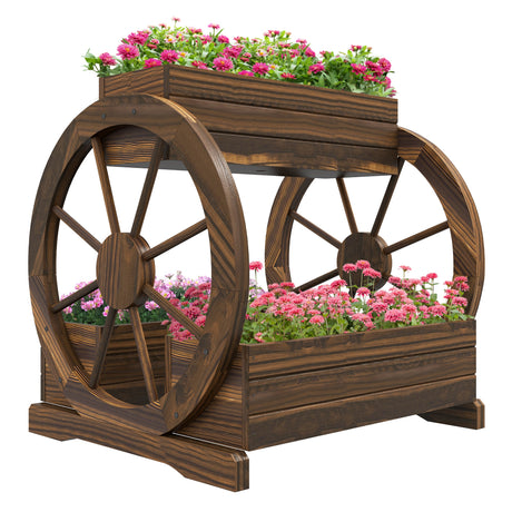 easycomfort easycomfort fioriera in legno da esterno a 2 livelli con 3 vasi e ruote di carro stile country 64x54x60cm