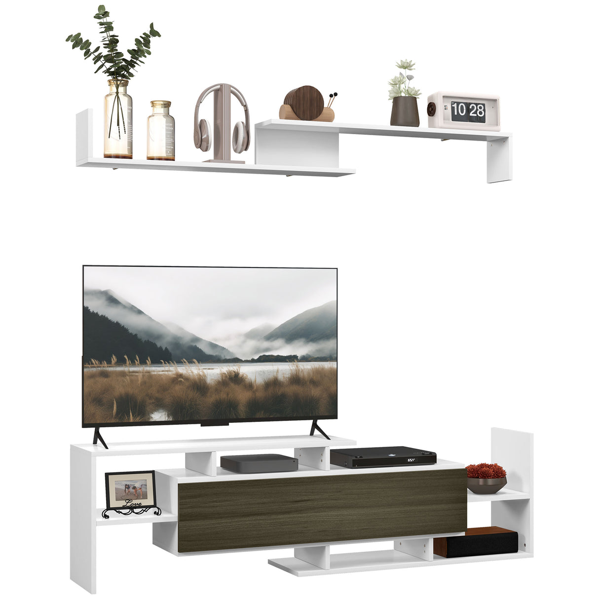 easycomfort easycomfort mobile tv con mensola a muro ripiani aperti e armadietto in legno bianco e nero