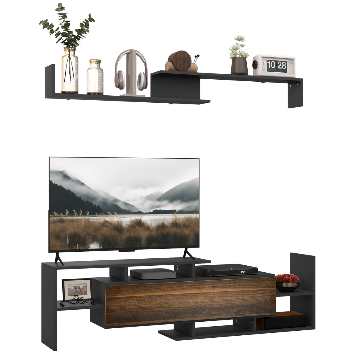 easycomfort easycomfort mobile tv con mensola a muro ripiani aperti e armadietto in legno nero e marrone