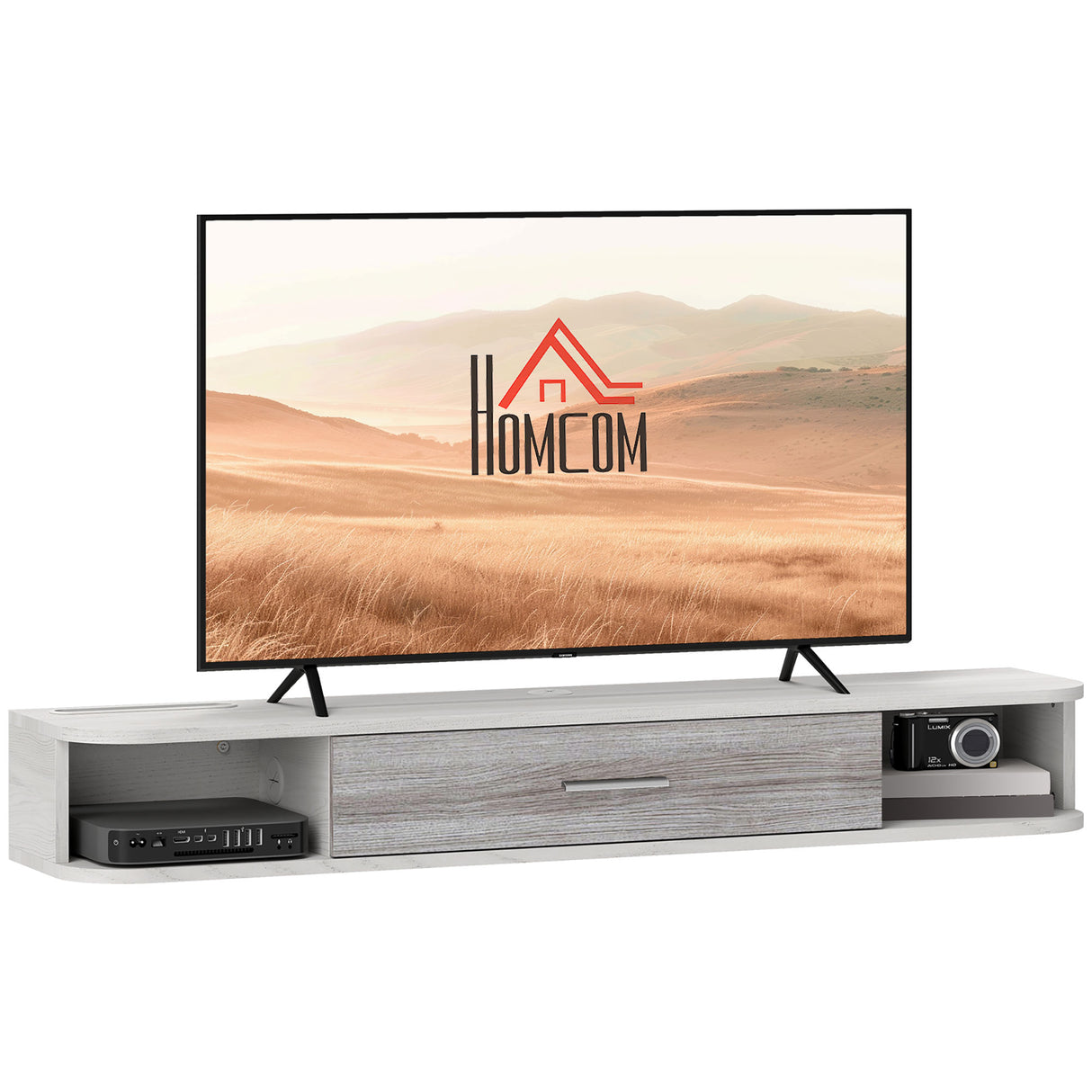 easycomfort easycomfort mobile tv sospeso in legno con 2 ripiani aperti e armadietto 120x26x16 cm bianco e grigio