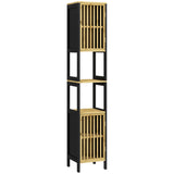easycomfort easycomfort mobiletto bagno a doghe con 2 ripiani aperti e 2 armadietti in mdf e bambu 32x30x172 cm nero e color legno