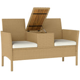 easycomfort easycomfort panca da giardino con tavolino a ribalta portaoggetti in rattan e acciaio 134x58x82 cm crema e cachi