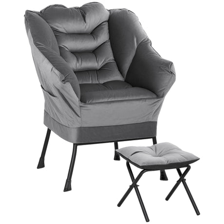 easycomfort easycomfort poltrona moderna con poggiapiedi e 2 tasche laterali in tessuto effetto velluto e acciaio 80x78x100 cm grigio