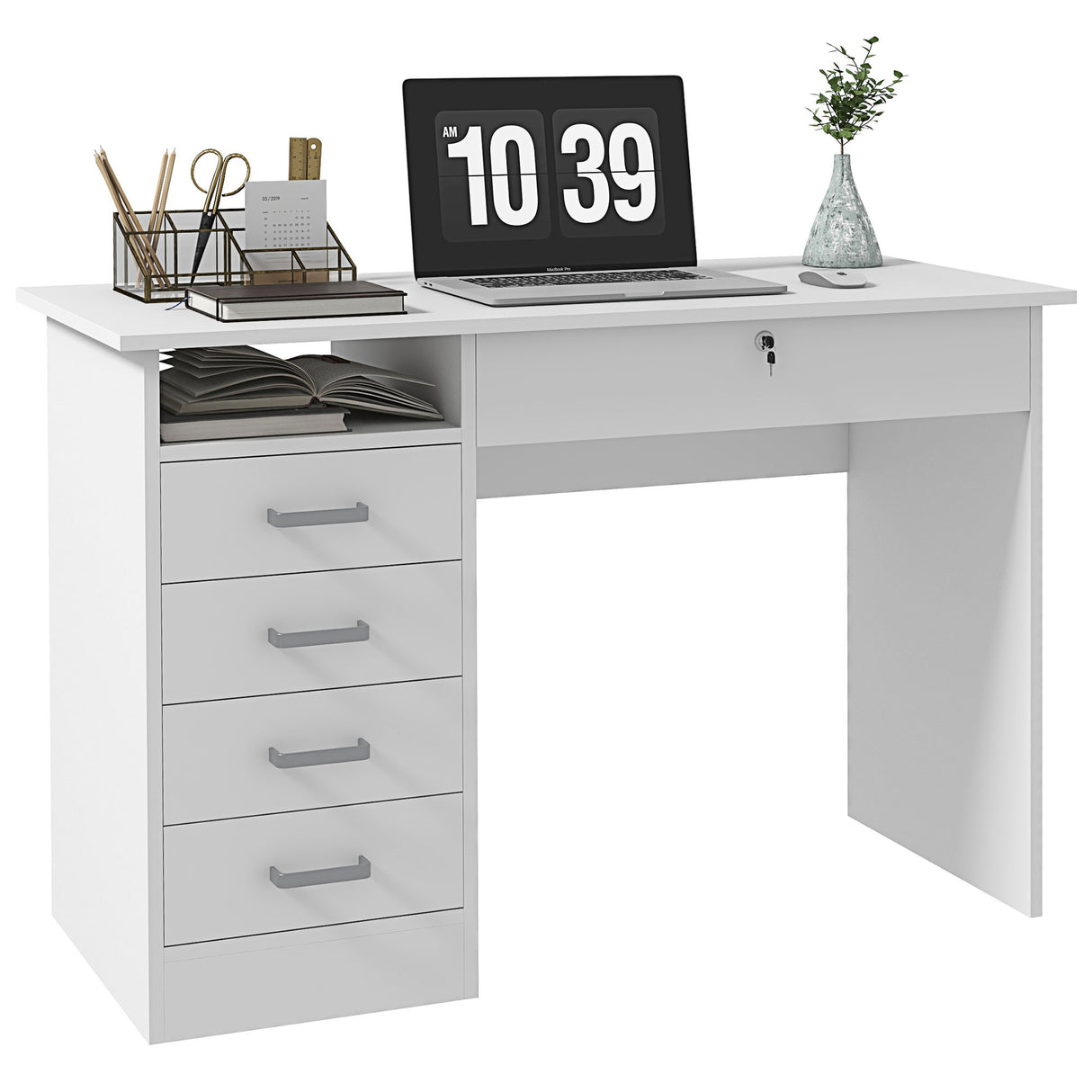 easycomfort easycomfort scrivania moderna con 5 cassetti e scomparto aperto con serratura e 2 chiavi 110x50x76cm bianco