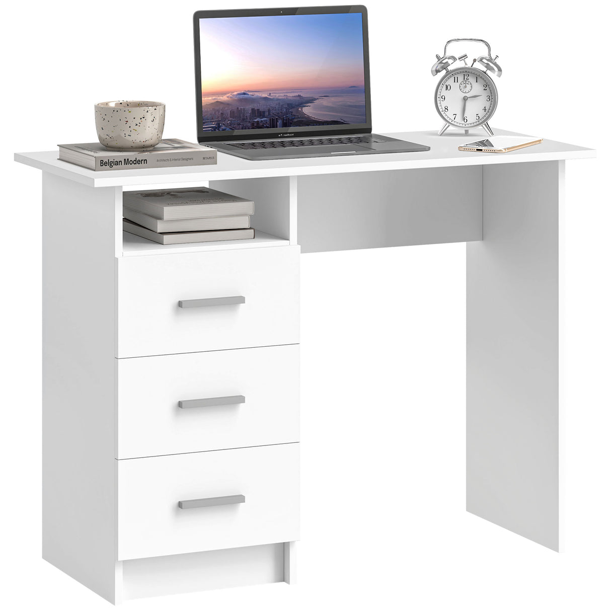 easycomfort easycomfort scrivania moderna in legno con 3 cassetti e ripiano aperto 100x40x75 cm bianca e marrone