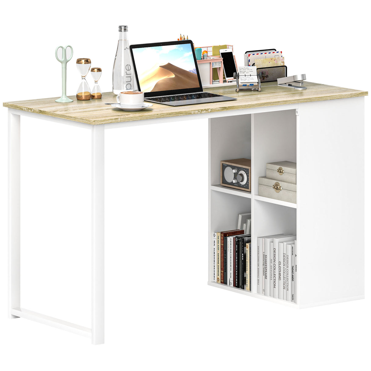 easycomfort easycomfort scrivania per computer salvaspazio con 4 ripiani aperti in legno e acciaio 120x54x75 cm bianco e rovere