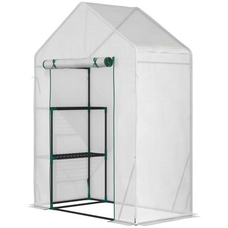 easycomfort easycomfort serra da giardino in pe e acciaio per esterni con 2 scaffali e porta avvolgibile 143x73x195 cm bianco