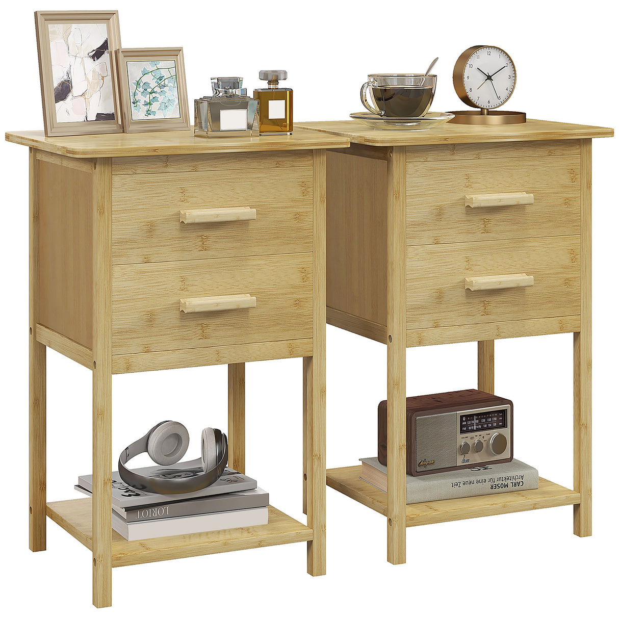 easycomfort easycomfort set 2 comodini con 2 cassetti e ripiano inferiore in stile nordico in bambu 40x34x60 cm