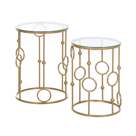 easycomfort easycomfort set 2 pezzi tavolini da caffe design elegante con motivi a cerchio metallo e vetro temperato 41x57cm 36x51cm oro ean 8055776910697