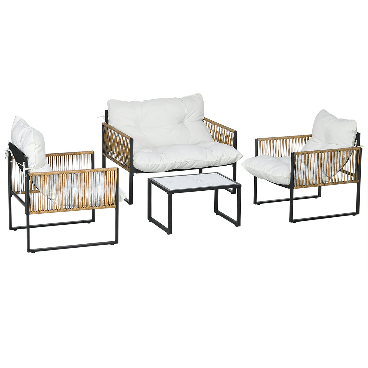 easycomfort easycomfort set da giardino 4 pezzi in rattan con divanetto 2 sedie e tavolino da caffe nero marrone e crema