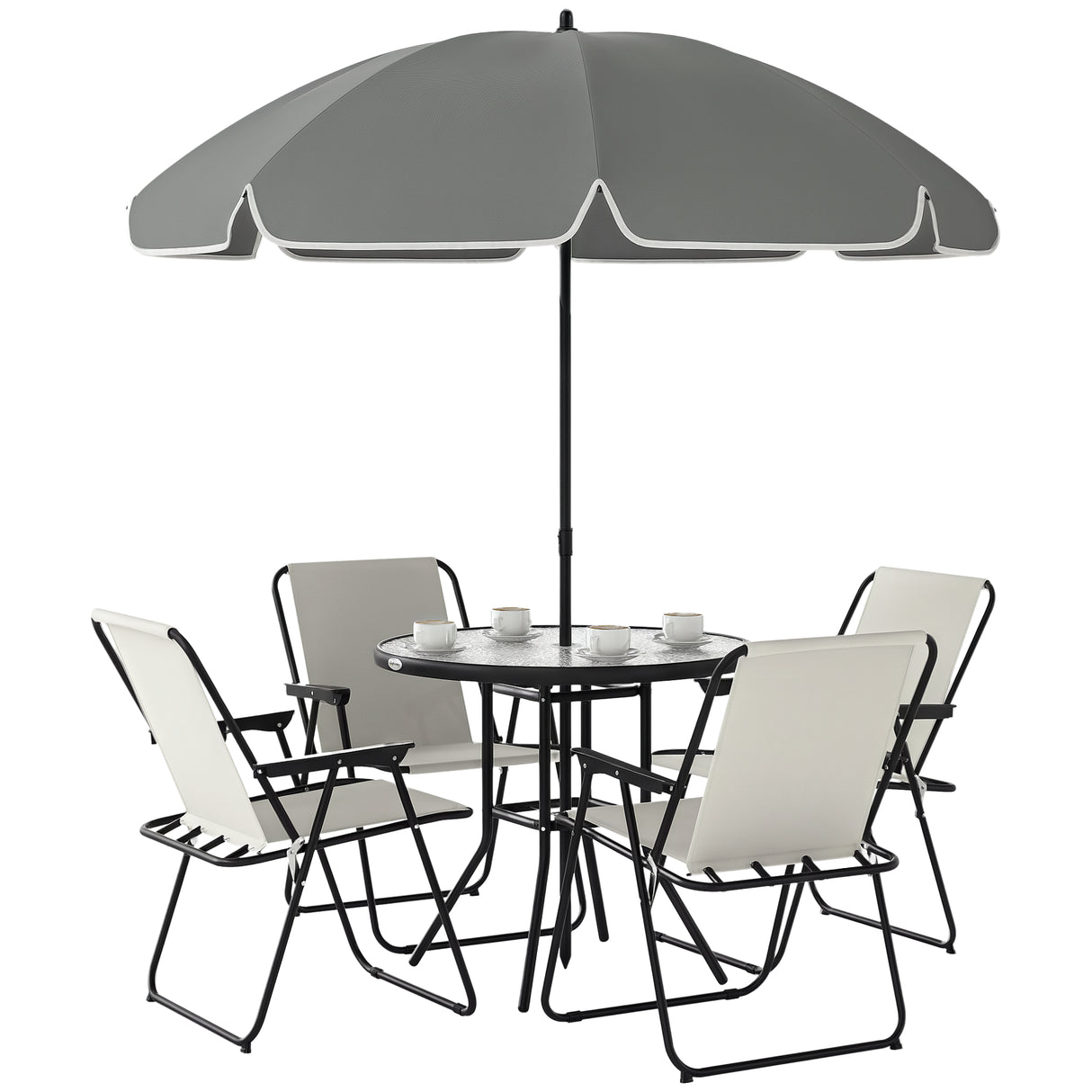 easycomfort easycomfort set da giardino 6 pezzi in acciaio con 4 sedie pieghevoli ombrellone e tavolo rotondo crema grigio e nero