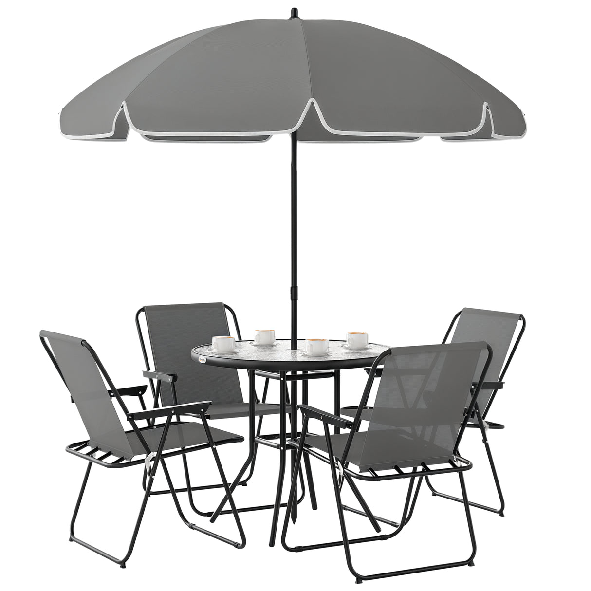easycomfort easycomfort set da giardino 6 pezzi in acciaio con 4 sedie pieghevoli ombrellone e tavolo rotondo grigio e nero