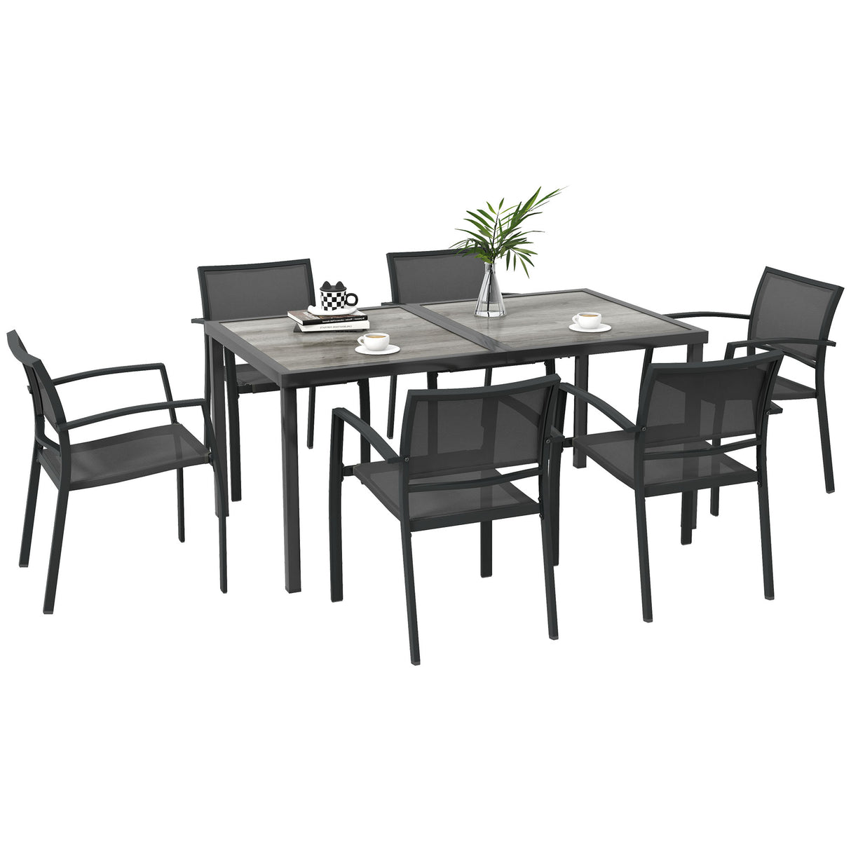 easycomfort easycomfort set da giardino con 6 sedie impilabili in tessuto a rete e tavolo effetto legno grigio
