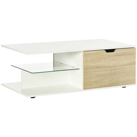 easycomfort easycomfort tavolino basso da caffe in truciolato con cassetti e ripiano in vetro per soggiorno e ingresso 106x58x39 cm bianco